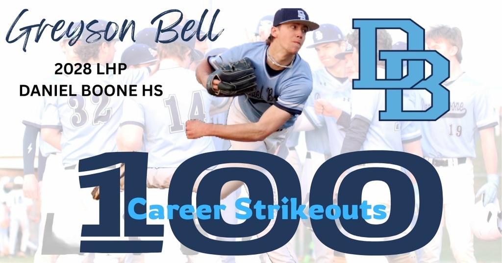 Picture of Greyson Bell with 2028 LHP Daniel Boone HS 100 Career Strikeouts imposed over a faded picture of the baseball team.