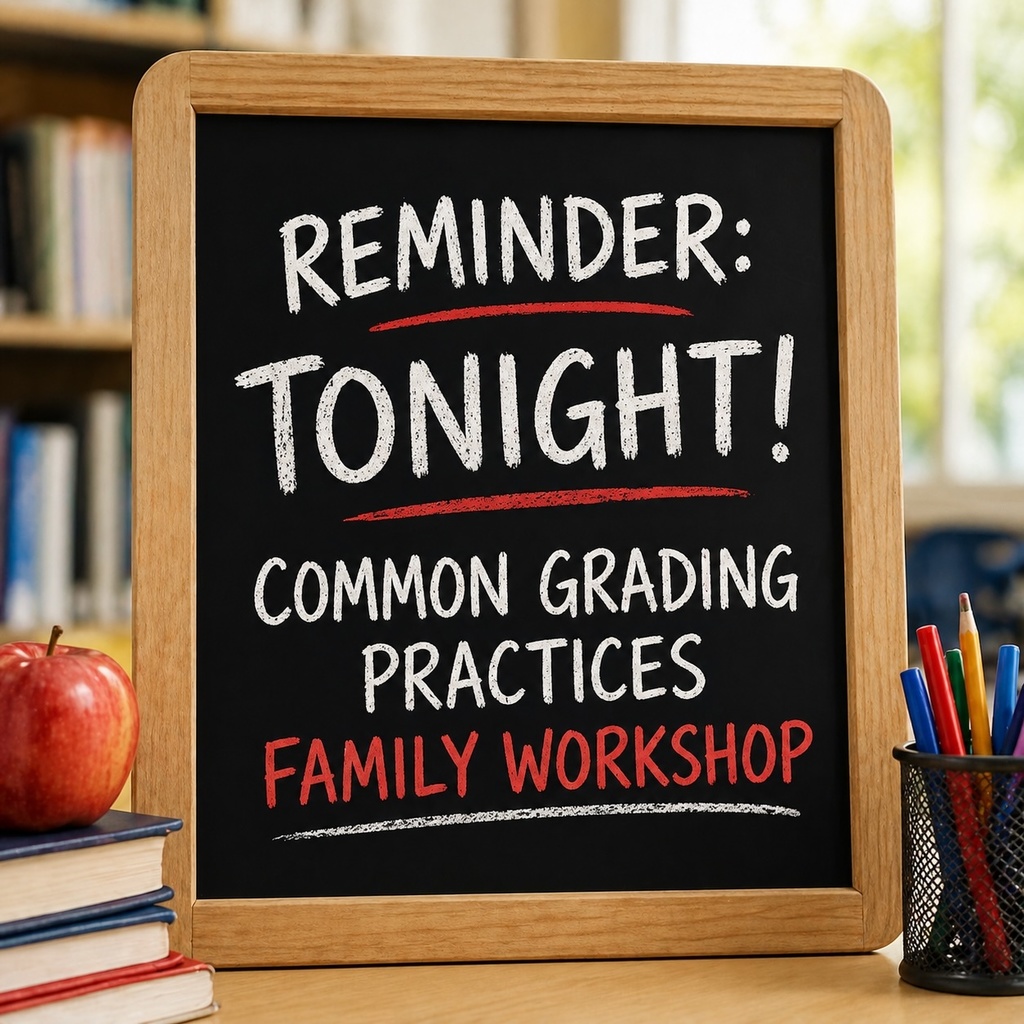A photo-realistic classroom scene featuring a small chalkboard sign on a desk with books, an apple, and colored pencils nearby. The chalkboard reads “Reminder: Tonight! Common Grading Practices Family Workshop” in bold white and red lettering, creating a warm and inviting school-themed reminder graphic.