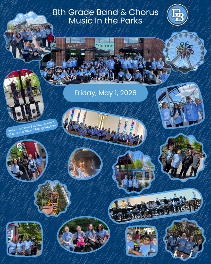 Graphic collage titled “8th Grade Band & Chorus Music in the Parks” with the date Friday, May 1, 2026. The design features a large group photo of middle school students and staff in matching light blue shirts, surrounded by smaller photos from the trip. Images include students performing band and chorus in a church setting, holding trophies, smiling in groups around the park, and enjoying rides and attractions at an amusement park. A Ferris wheel and roller coaster are visible in the background photos. Text notes both Band and Chorus earned 1st Place with Excellent ratings.