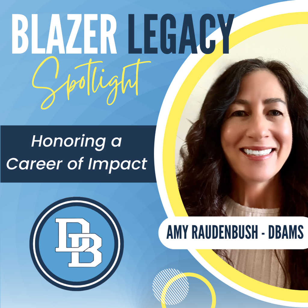 Blazer Legacy Spotlight graphic in blue, white and yellow colors. Reads Honoring a Career of Impact with a photo of Amy Raudenbush