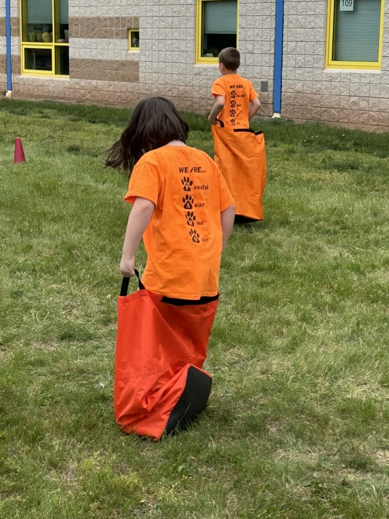 Picture of two students wearing orange t-shirts jumping in a sack race through grass.