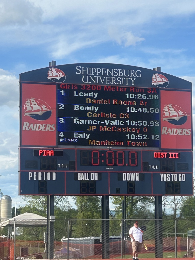 Shippensburg University score board in navy blue and red with sailboats and Raiders in the red boxes. Girls 3200 Meter Run Listed are 1 Leady 10:26.96 Daniel Boone 2 Bondy 10:48.50 Carlisle, Garner-Valle 10:50.93 JP McCaskey 4 Ealy 10:52.12 Manheim Town