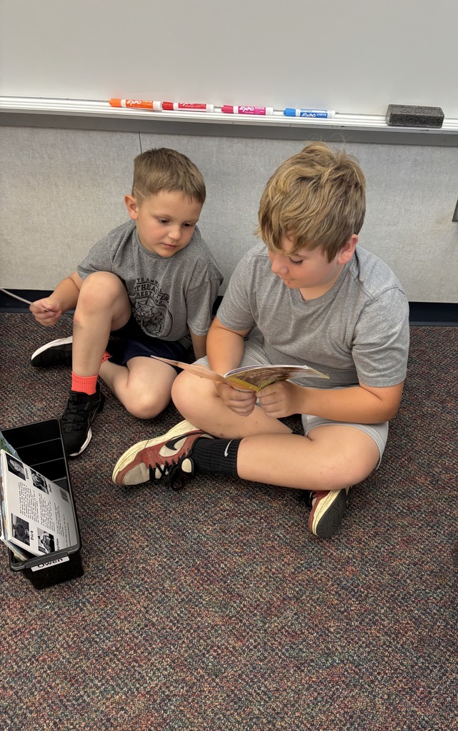 Two students sitting on a carpeted floor reading a book together.