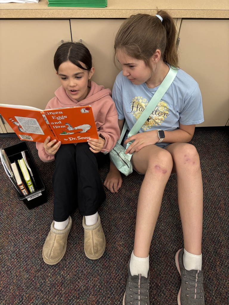 Two students sitting on a carpeted floor reading a book together.