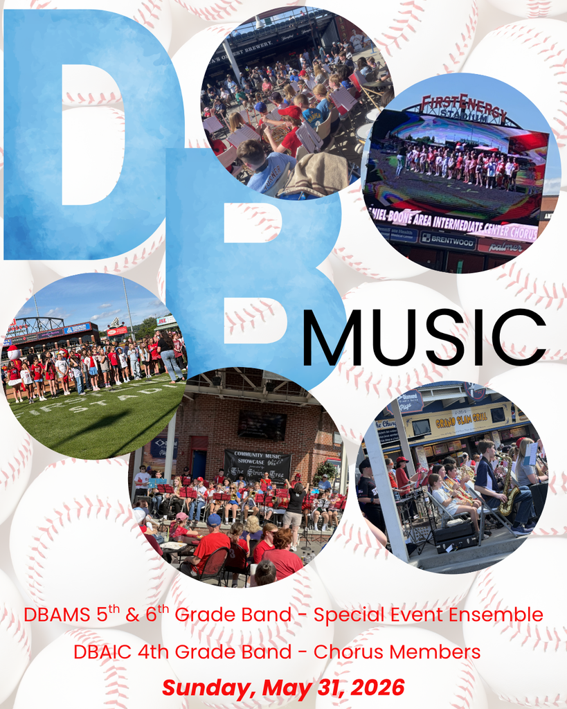 Graphic celebrating Daniel Boone student musicians at a Reading Phillies game. A baseball-themed background features large blue letters “DB” and the word “MUSIC.” Five circular photos show students performing and participating at the stadium, including members of the DBAMS 5th and 6th Grade Band performing in the Community Music Showcase and DBAIC 4th Grade Chorus members singing the National Anthem on the field and appearing on the stadium video board. Text reads: “DBAMS 5th & 6th Grade Band – Special Event Ensemble,” “DBAIC 4th Grade Chorus Members,” and “Sunday, May 31, 2026.” #BooneProud