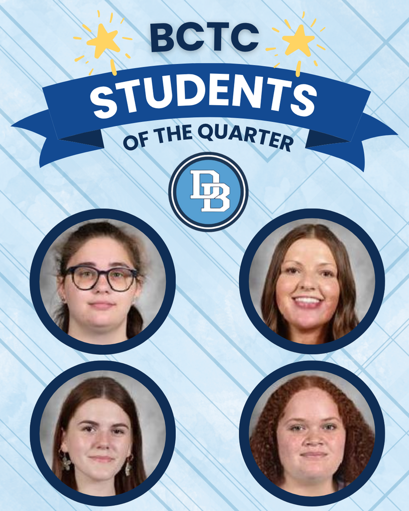 Graphic titled "BCTC Students of the Quarter" featuring four student headshots arranged in a two-by-two grid beneath the Daniel Boone logo. Pictured are Payton Cassner (Cosmetology), Mallory Oister (Cosmetology), Breanna Williams (Dental Occupations), and Casey Carpenter (Protective Services). The design includes a blue ribbon banner, gold stars, and a light blue geometric background celebrating the students' achievement as Berks Career & Technology Center East Students of the Quarter.