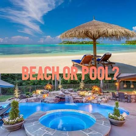 Split image of a tropical beach location at the top with a grass umbrella, two lounge chairs on a white sand beach with clear blue water. Bottom photo is of a backyard in ground pool with gazebo and hot tub in a well landscaped back yard.