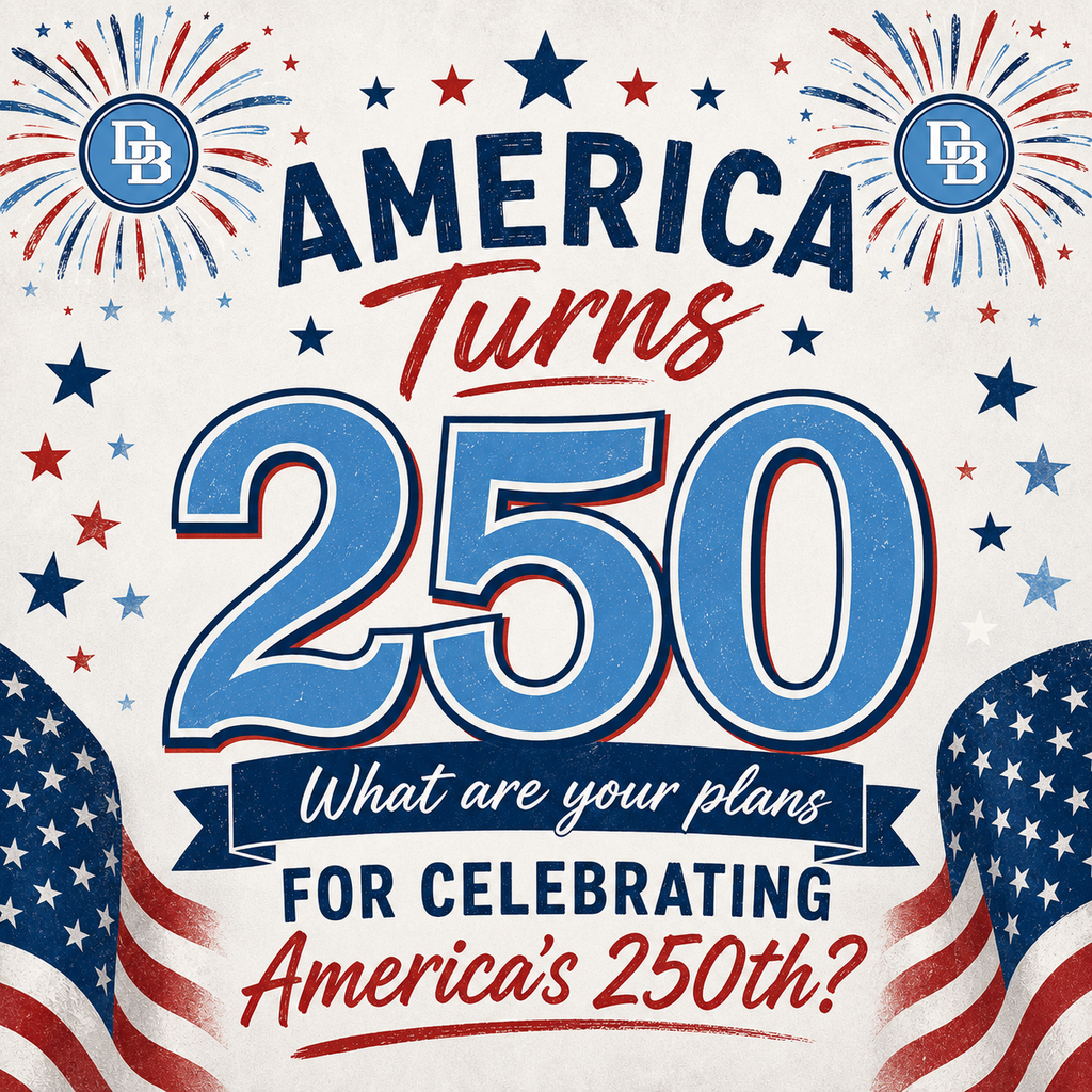 Patriotic graphic featuring the text "America Turns 250" in large blue and red lettering above a large light blue "250." Two fireworks bursts appear in the top corners, each featuring the Daniel Boone "DB" circular logo at the center. Red, white, and blue stars are scattered throughout the design, with American flag elements along the bottom corners. A blue banner reads, "What are your plans for celebrating America's 250th?" The graphic uses a vintage patriotic style in red, white, blue, and Carolina blue tones.