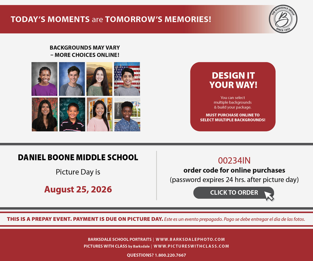 School Picture Day information graphic for Daniel Boone Area High School. The graphic announces picture day on August 25, 2026, and features sample student portraits with several background options. It explains that families can select multiple backgrounds and build their package when ordering online. The online order code is 00234IN, with the password expiring 24 hours after picture day. The event is prepaid, with payment due on picture day. Barksdale School Portraits and Pictures With Class contact information is provided, including 1-800-220-7667 for questions.