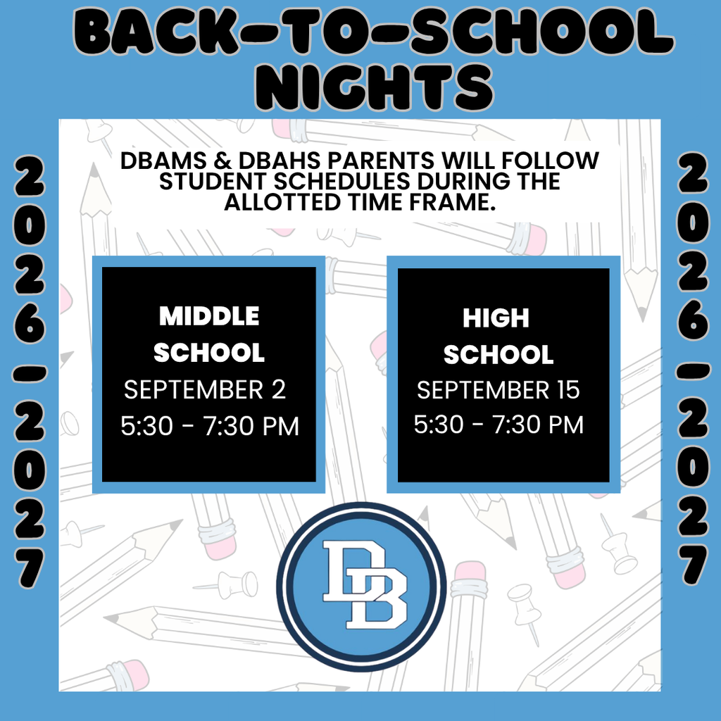Graphic titled "Back-to-School Nights" with the years 2026–2027 displayed vertically along both sides. The background features a subtle school supplies pattern with the Daniel Boone "DB" logo in the bottom center. Two black circles with blue borders list each school's Back-to-School Night date and time: DBAMS (Daniel Boone Area Middle School): Wednesday, September 2, 5:30–7:30 PM. DBAHS (Daniel Boone Area High School): Tuesday, September 15, 5:30–7:30 PM.