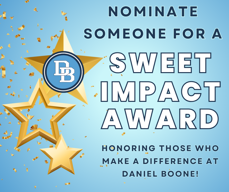 Graphic promoting the Tom Sweet Impact Award. Text reads, “Nominate Someone for a Sweet Impact Award” and “Honoring those who make a difference at Daniel Boone!” The graphic features the Daniel Boone logo within a gold star, surrounded by additional gold stars and confetti on a light blue background.