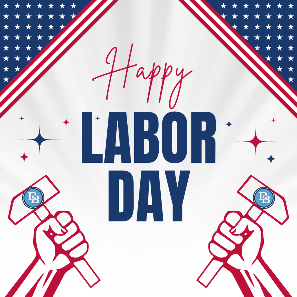 Patriotic Labor Day graphic featuring the words “Happy Labor Day” in red and blue. The design includes American flag stars and stripes along the top and blue-and-red sparkles around the center. Two raised hands holding DB-branded hammers appear at the bottom corners, representing the Daniel Boone Area School District.