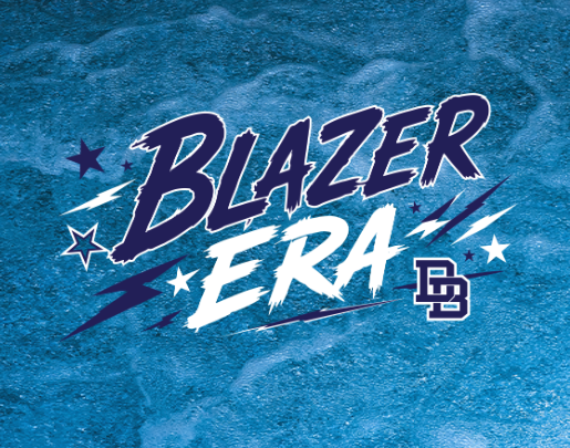 Blue water background with the word BLAZER in navy blue outlined in white and the word ERA in all white below it. Navy stars, lightning bolts and the DB interlocked logo is in the bottom right corner of the design.