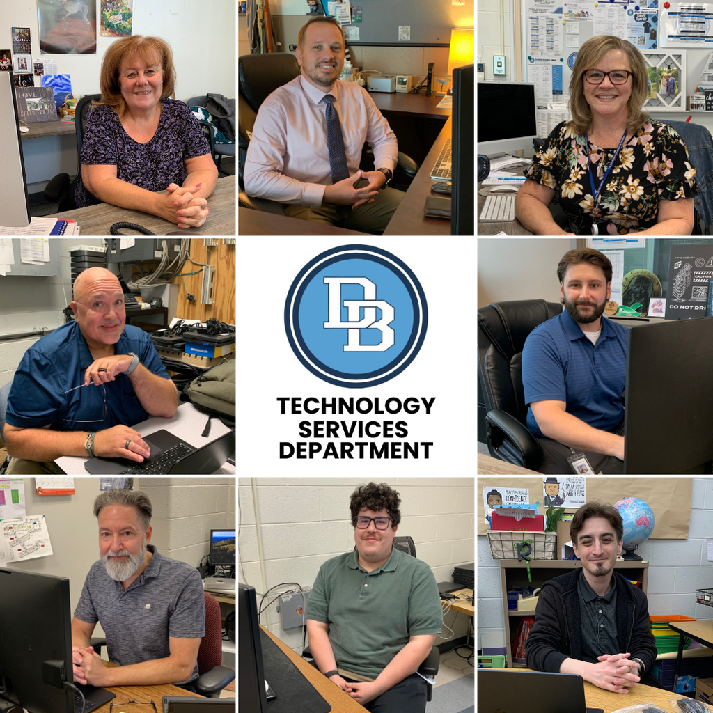 9 square photo collage with 8 individuals sitting at their desks with the DB logo and Technology Services Department in the center square.