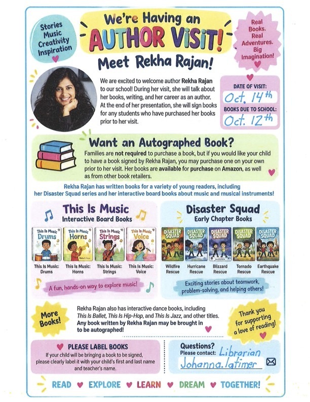 Colorful graphic flyer We're Having an Author Visit! Meet Rekha Rajan! With a photo of the author along with her This Is Music Books and Disaster Squad Books