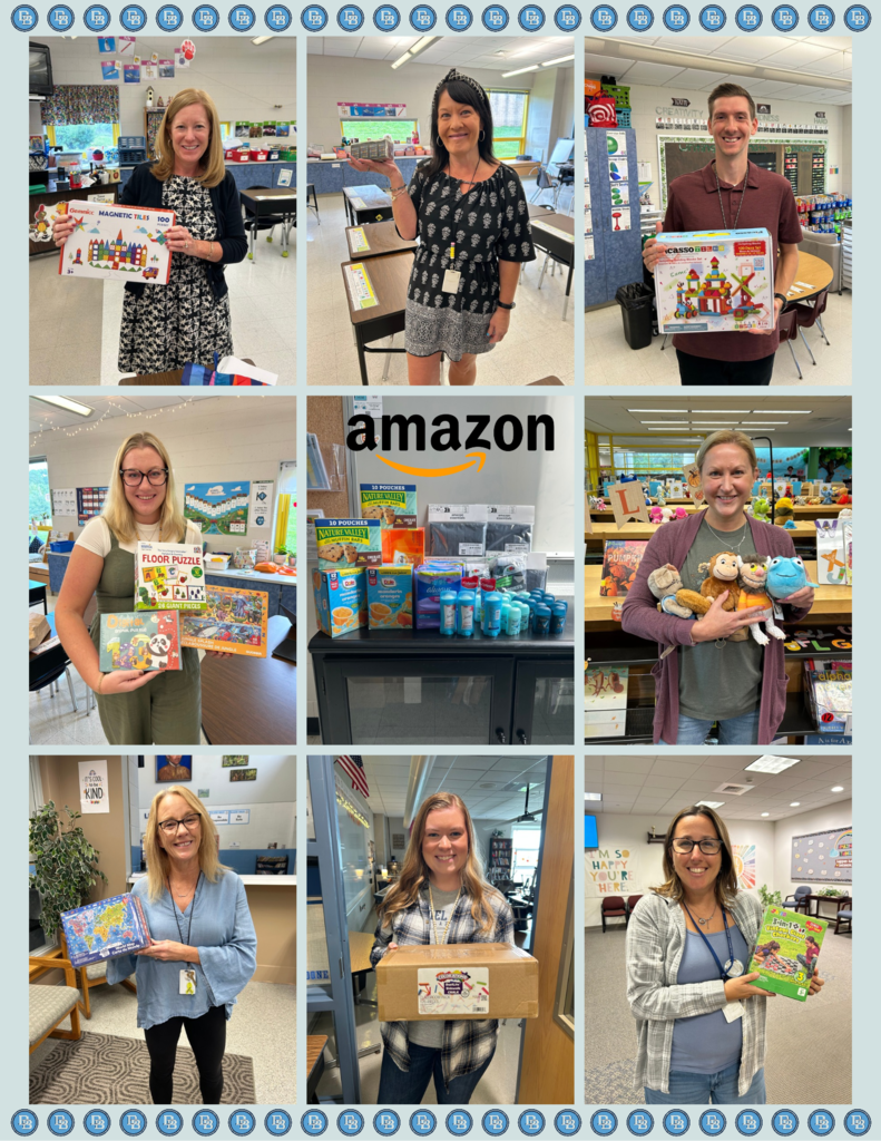 Eight teachers are photographed holding items purchased from their Amazon Wish Lists. Page is set up with nine blocks total. Center block is a photo of personal care items and food received from our Boone Outreach Wish List on Amazon