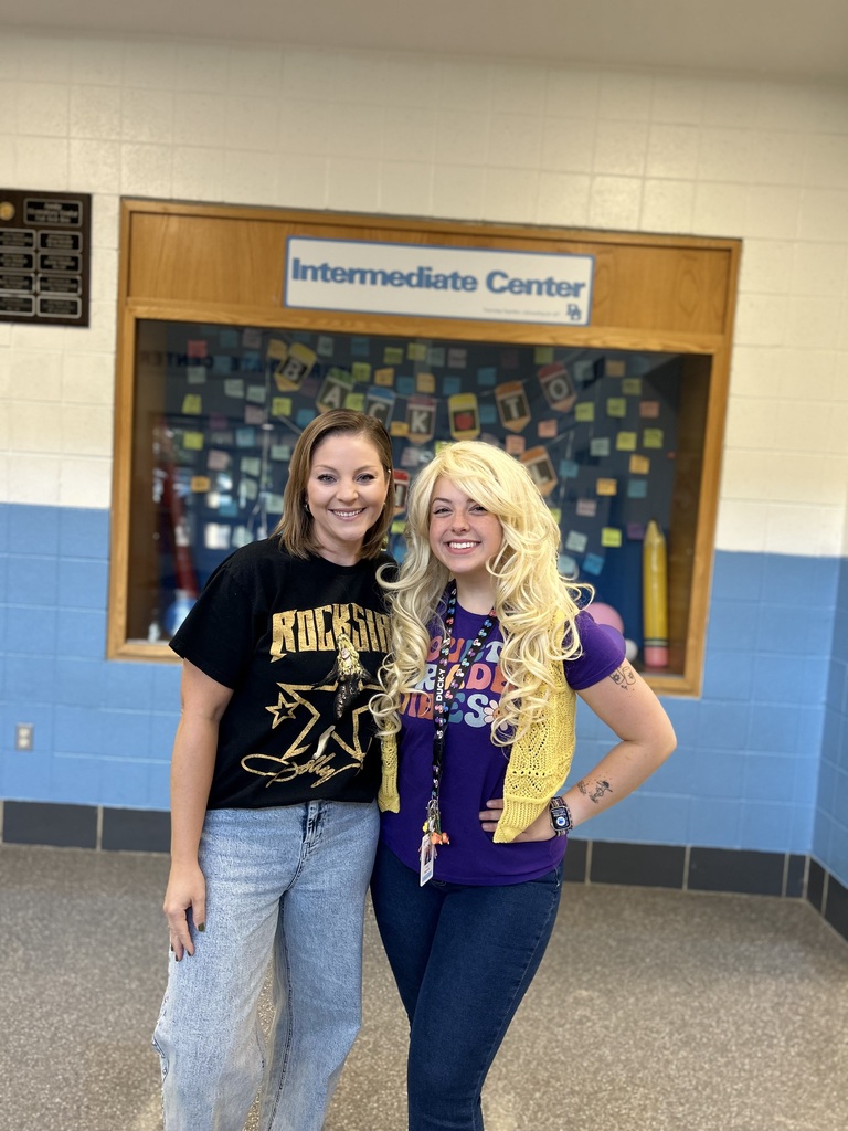 Two staff members - one wearing a RockStar black tshirt with Dolly Parton on the front in a large star and the other staff member wearing a blonde Dolly wig with a purple kindness vibes shirt.