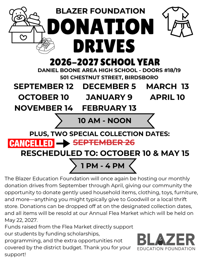 Blazer Education Foundation Donation Drive flyer with dates listed for the entire school year. Noting two special collection dates outside of the normal monthly collections. 