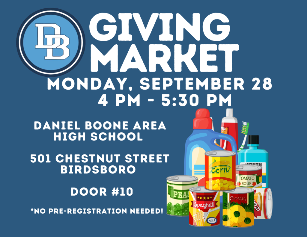 Blue background with DB circle logo and the words Giving Market Monday, September 28 4 PM - 5:30 PM Daniel Boone Area High School, 501 Chestnut Street, Birdsboro Door #10 *No pre-registration needed! Clip art canned veggies and fruit, mouthwash, toothpaste and laundry detergent in bottom right corner.