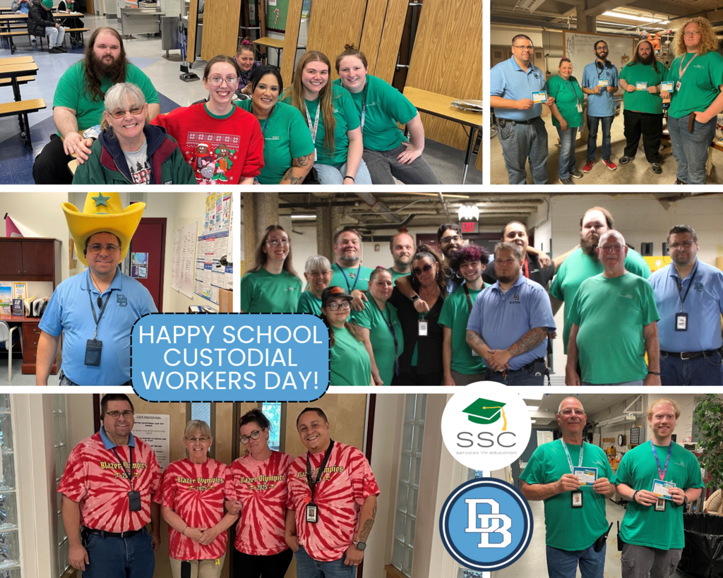 Photo collage featuring Daniel Boone Area School District custodial staff members in various group photos throughout the district. Staff members are pictured smiling together, holding recognition cards, wearing school spirit shirts, and participating in school activities. One photo features a staff member wearing a yellow cowboy hat, while another shows staff wearing tie-dye Blazer Olympics shirts. The center of the collage reads, “Happy School Custodial Workers Day!” The collage also includes the SSC Services for Education logo and the Daniel Boone Area School District logo.