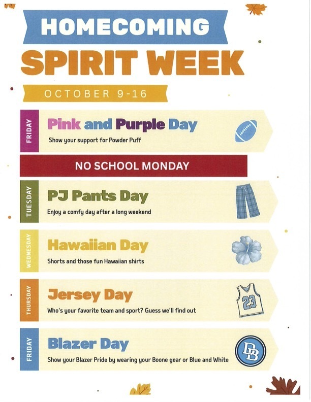 Graphic announcing Daniel Boone Homecoming Spirit Week, October 9–16. Spirit days are: Friday, October 9—Pink and Purple Day to support Powder Puff; Tuesday, October 13—PJ Pants Day; Wednesday, October 14—Hawaiian Day; Thursday, October 15—Jersey Day; and Friday, October 16—Blazer Day, featuring Boone gear or blue and white. Monday, October 12 is noted as a no-school day.