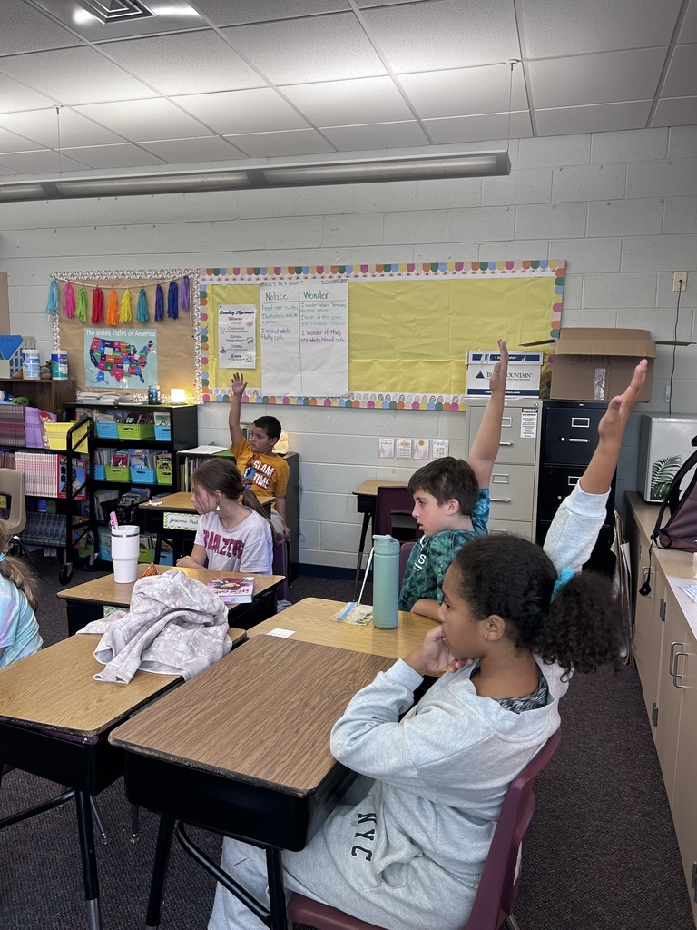 Students sitting at their desk have their hands raised to ask questions.
