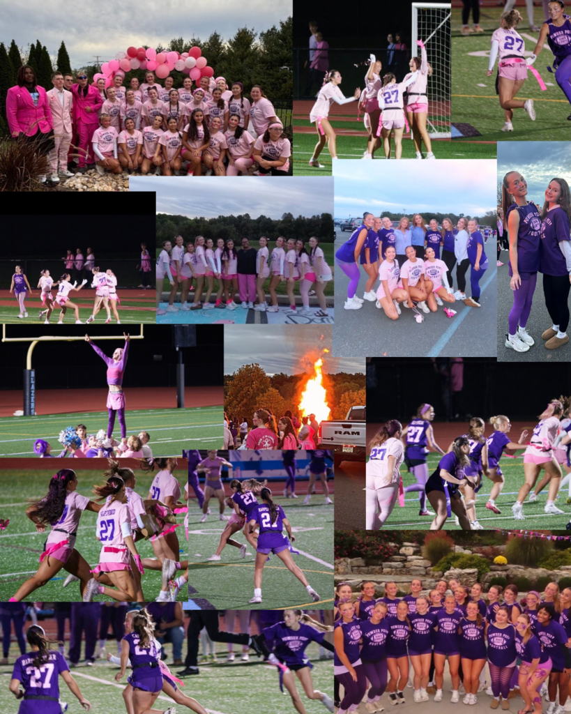 Collage of photos from the Powder Puff game where girls play football. Pink team vs. Purple team.