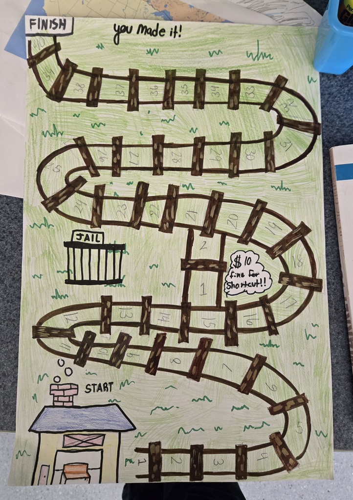 A student-created board game featuring a winding railroad track with numbered spaces, a jail, a starting point, and a finish line. The game is illustrated with brown railroad ties and green grass to reflect the experience of riding the rails during the Great Depression.