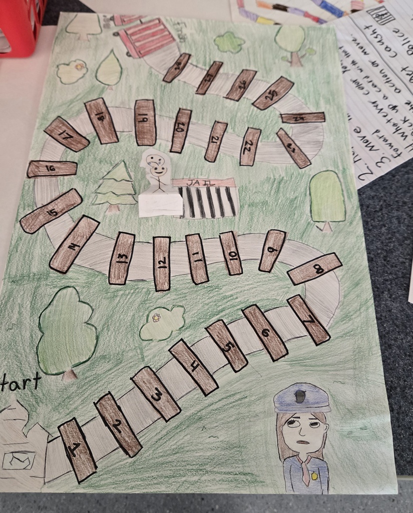 A student-created board game features a winding path of numbered railroad ties, a jail, trees, and a drawing of a police officer. The game reflects themes from the Great Depression and the experience of riding the rails.