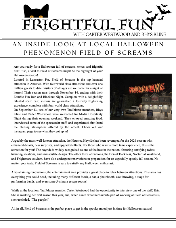 Page 3 of the newspaper. Titled Frightful Fun with Carter Westwood and Rhys Kline. Article features a look al local Halloween phenomenon Field of Screams.