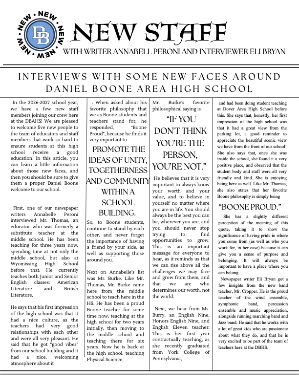 Page 5 of the newspaper titled NEW STAFF with Anabell Peroni and Interviewer Eli Bryan. Article features interviews with five new staff members at the high school for the 2026=2027 school year.