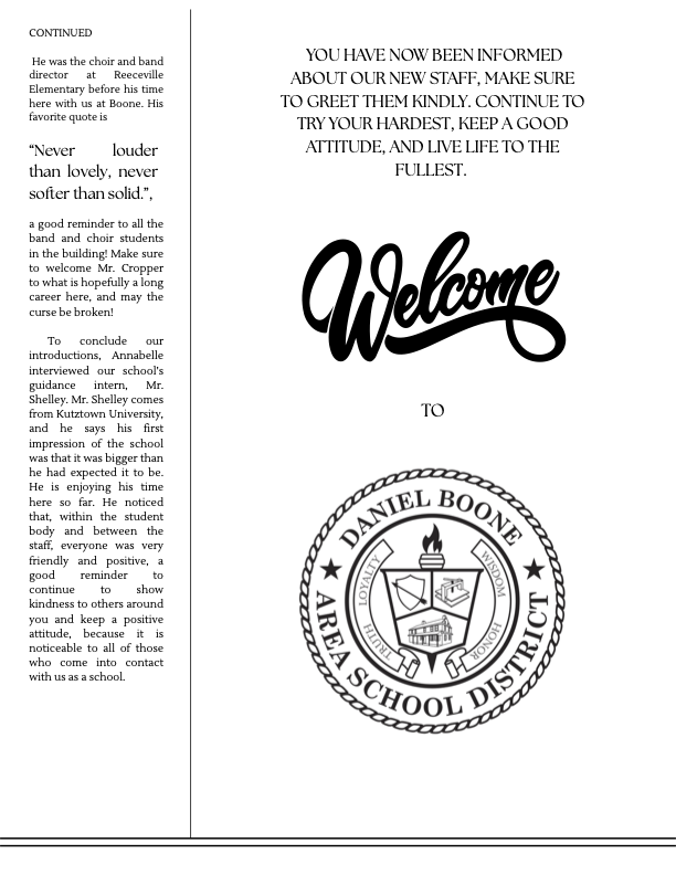 Page 6 of the newspaper. Continued from page five wrapping up interviews with new DBAHS staff.