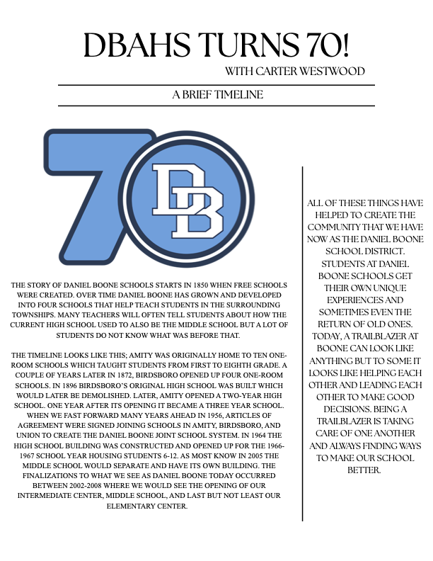Page 2 of the newspaper. Titled DBAHS TURNS 70! by Carter Westwood. Article features information on the 70 years as the Daniel Boone School District