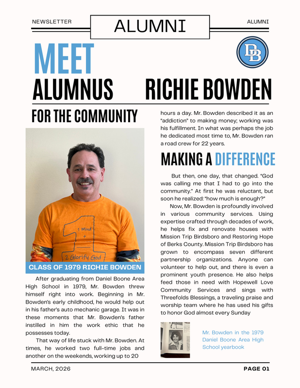 Newsletter looking information page on Richie Bowden Class of 1979