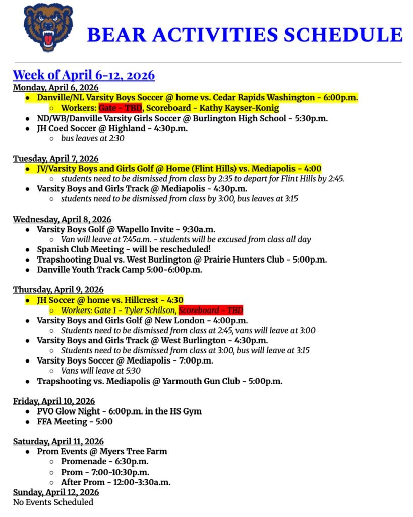 Bear Activities Schedule