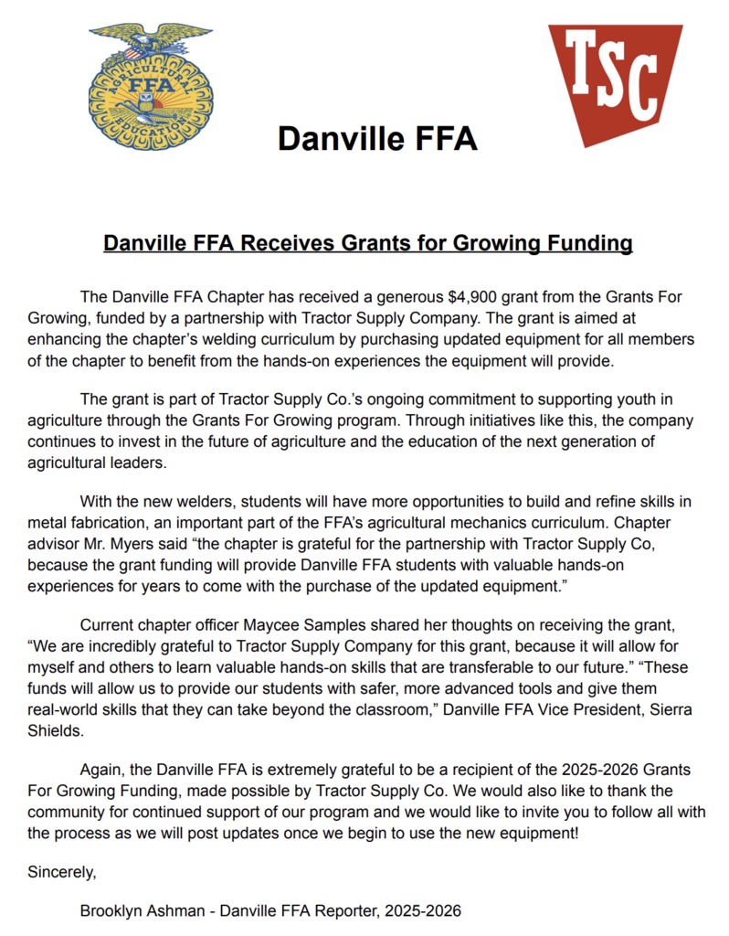 Danville FFA Receives Grants for Growing Funding