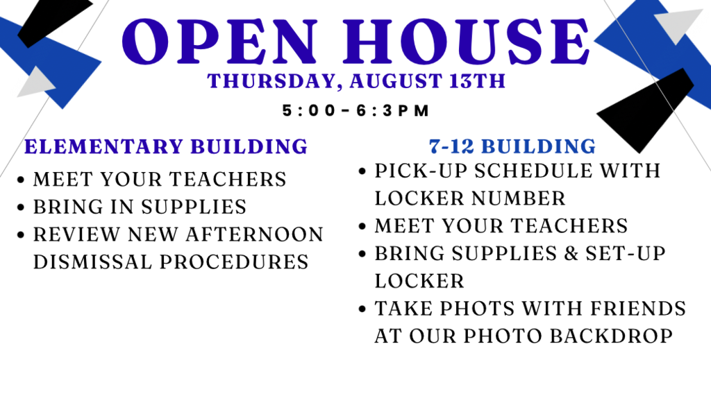 Open house from 5:00-6:30 on 8/13
