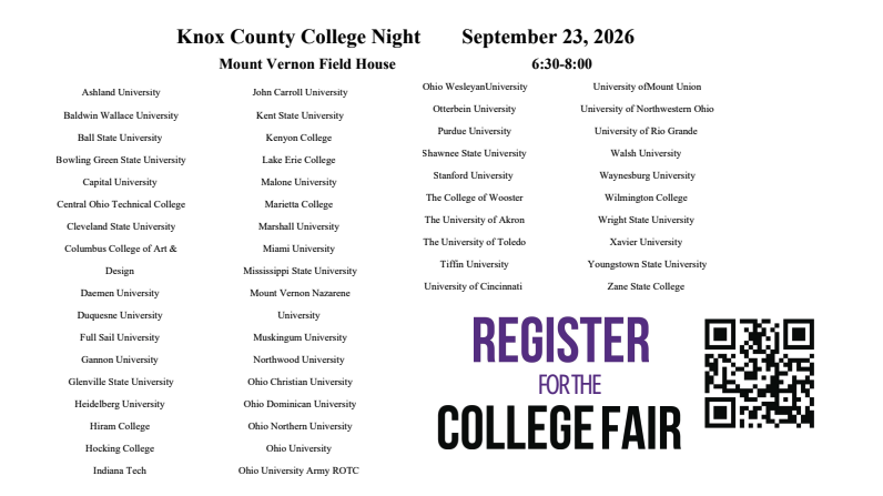Knox County College Night 9/26 from 6:30-8:00 at MTV Energy Fieldhouse