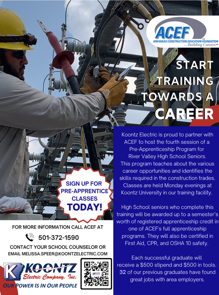 Seniors interested in an opportunity for a Pre-Apprenticeship with Koontz Electric/ACEF needs to complete applications by September 15