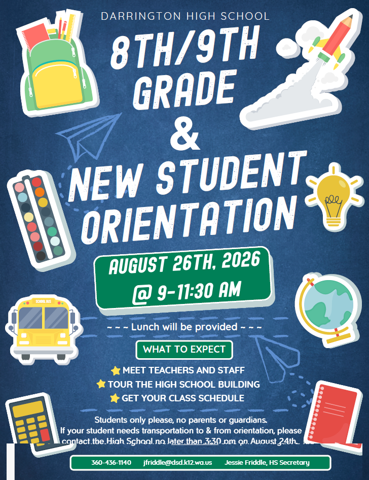 8th/9th Grade and New Student Orientation 8/26/26 at 9-11:30 AM