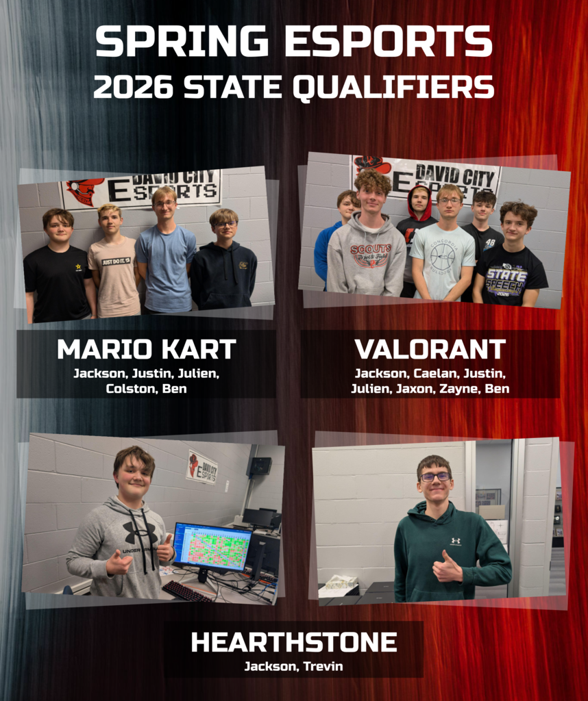 Graphic showing team photos of Mario Kart, Valorant and Hearthstone State Qualifiers