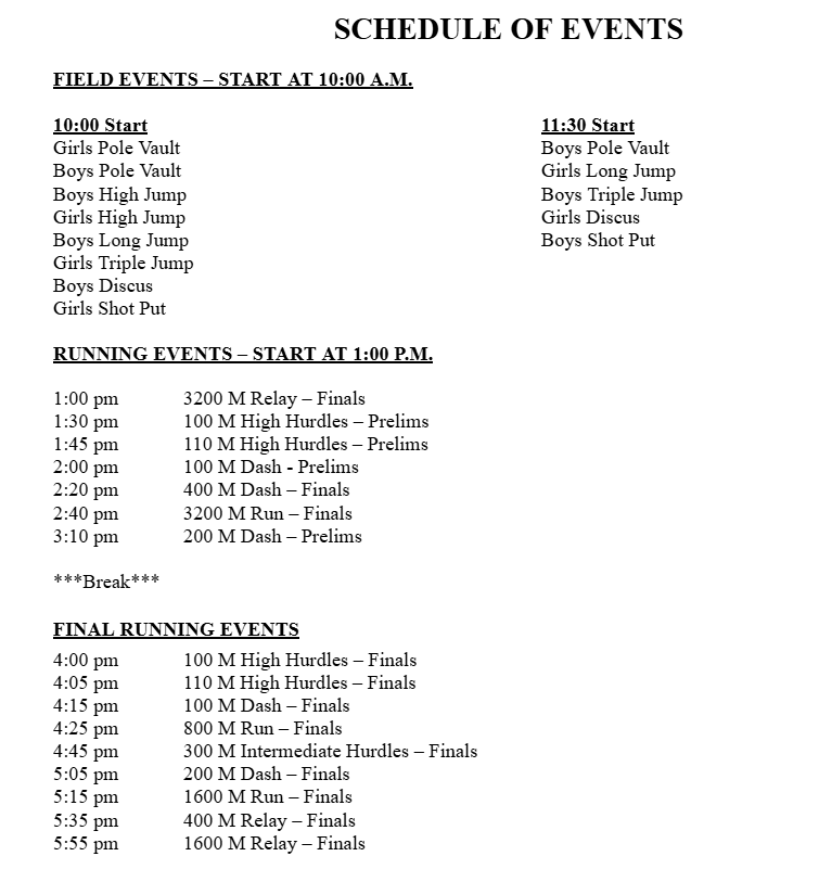 District Track Schedule of Events