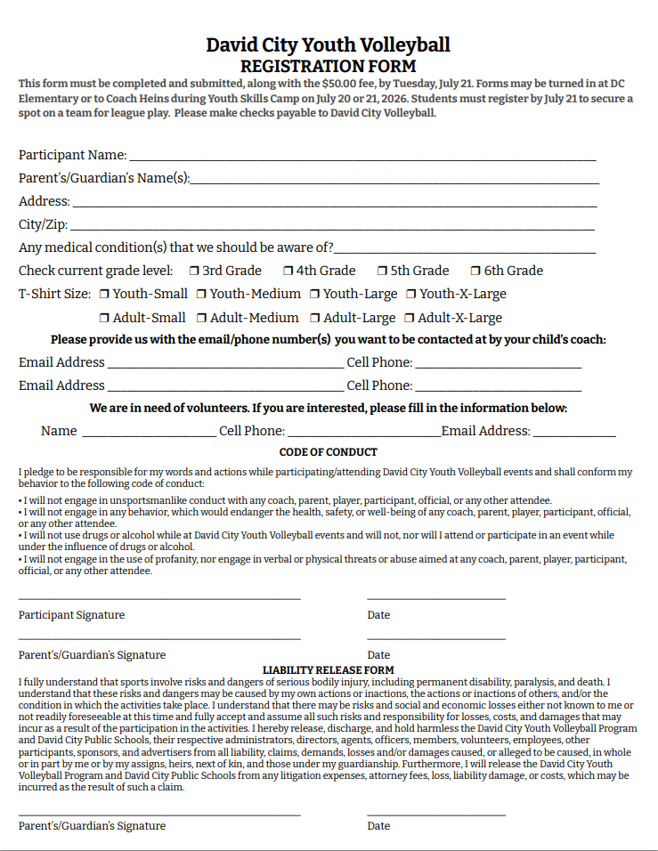 David City Youth VB Fall Volleyball Form
