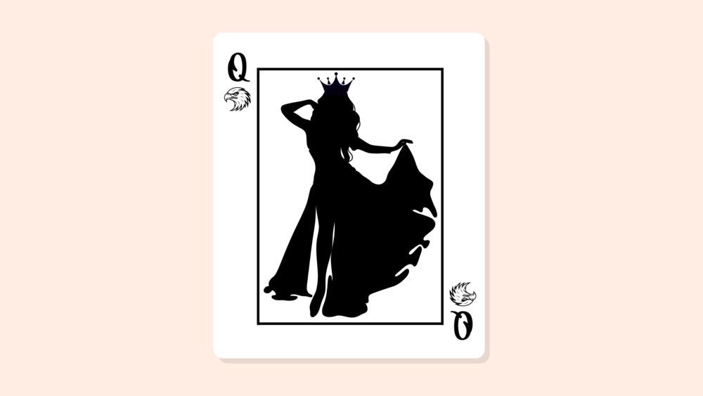 A silhouette of a woman in a dress with a crown on her head sits in the center of a playing card designating the card as the "Queen of War Eagles."