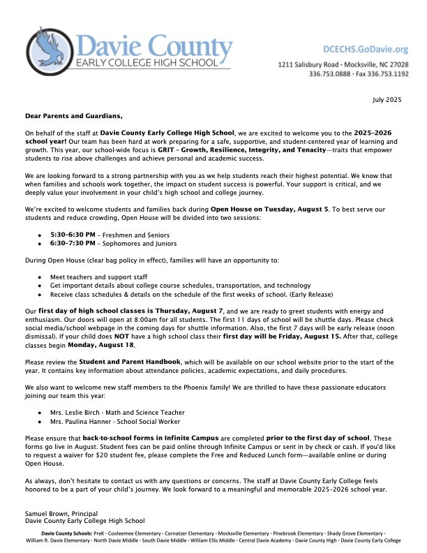 Opening School Year Letter
