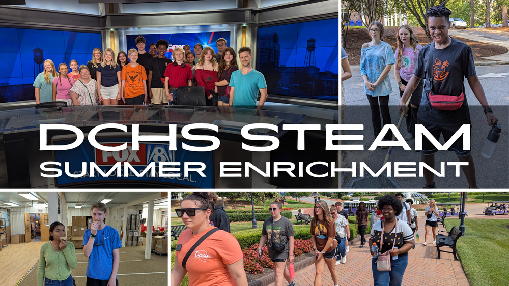 A selection of four images sit behind the text "DCHS Summer Enrichment" showcasing various combinations of Davie High students and staff on  previous summer enrichment field trips.