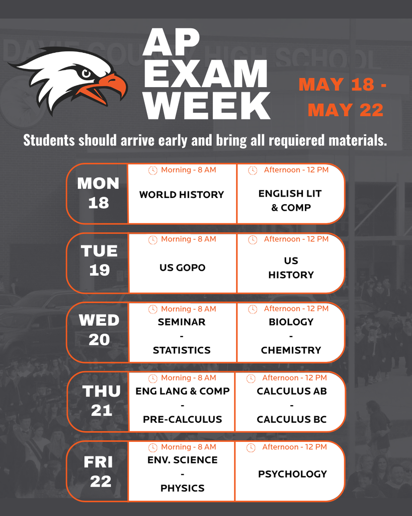 AP Exam Week graphic for May 18–22, 2026, with a schedule of morning and afternoon exams. Monday: AP World History at 8:00 AM and AP English Literature and Composition at 12:00 PM. Tuesday: AP U.S. Government and Politics at 8:00 AM and AP U.S. History at 12:00 PM. Wednesday: AP Seminar and AP Statistics at 8:00 AM and AP Biology and AP Chemistry at 12:00 PM. Thursday: AP English Language and Composition and AP Precalculus at 8:00 AM and AP Calculus AB and AP Calculus BC at 12:00 PM. Friday: AP Environmental Science and AP Physics at 8:00 AM and AP Psychology at 12:00 PM. The graphic reminds students to arrive early and bring all required materials.