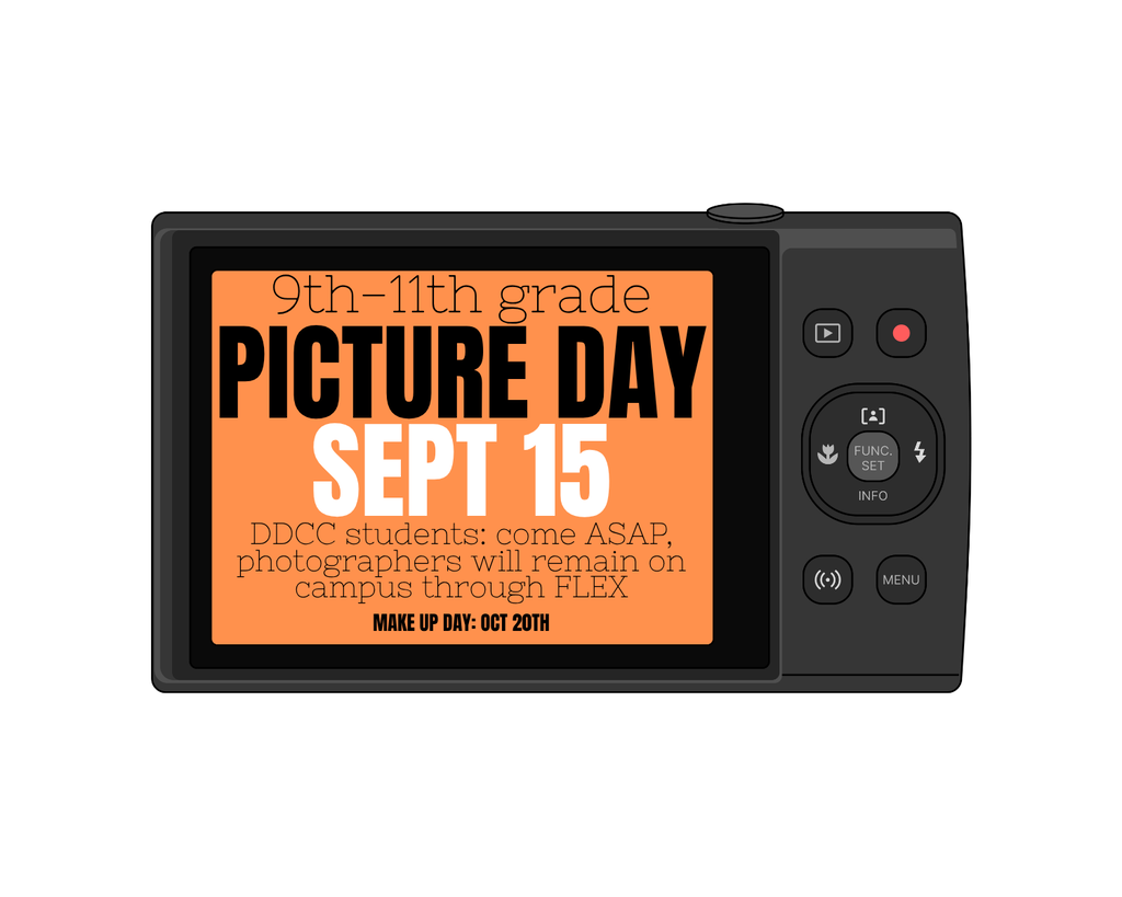 📸 Picture Day is coming!  Grades 9–11 will have their picture taken on September 15 during 2nd period.  Students who don’t arrive until 3rd period should report to the photographers ASAP during FLEX (11:15-11:55)—photographers will be leaving once FLEX time ends!  Make up day: Oct 20th