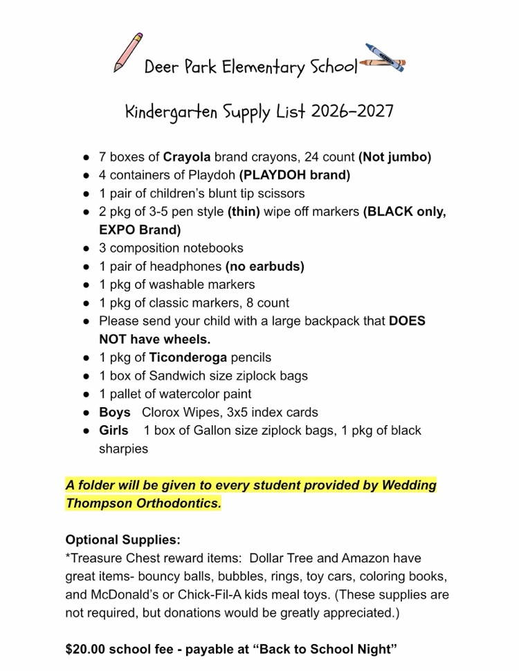Kindergarten Supply List