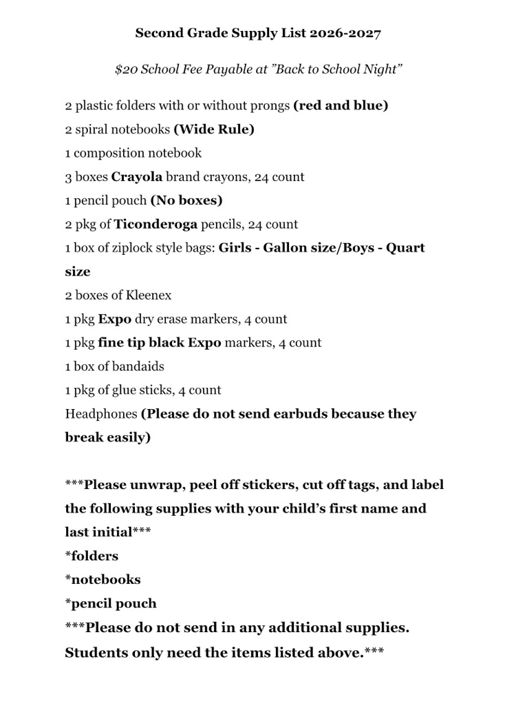 2bd grade supply list 